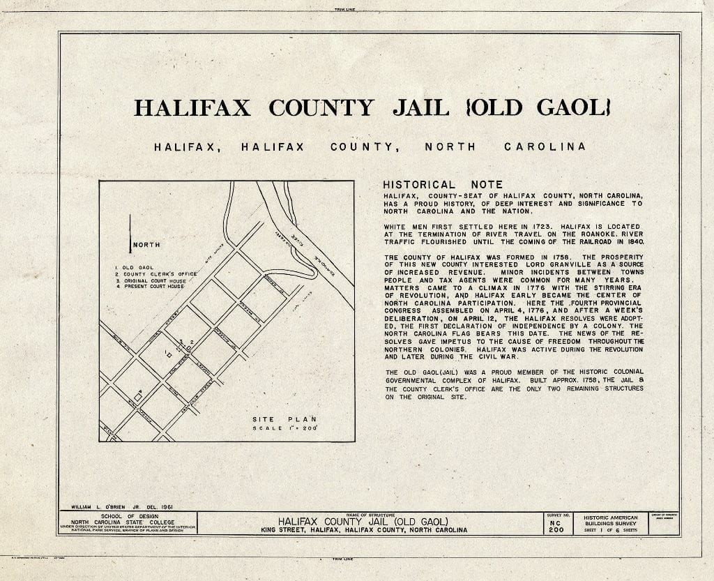 Historic Pictoric : Blueprint HABS NC,42-HAL,6- (Sheet 1 of 6) - Halifax County Jail, King Street, Halifax, Halifax County, NC