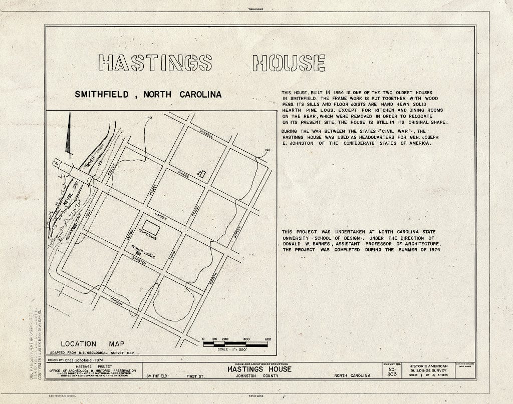 Historic Pictoric : Blueprint HABS NC,51-Smit,1- (Sheet 1 of 4) - Hastings House, Johnston Street (Moved to First Street), Smithfield, Johnston County, NC
