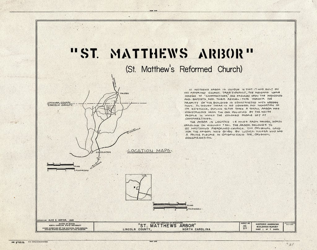 Historic Pictoric : Blueprint HABS NC,55-Maid.V,1- (Sheet 1 of 7) - St. Matthew's Arbor, State Route 321, Maiden, Catawba County, NC