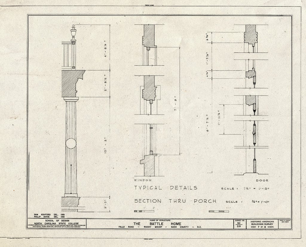 Historic Pictoric : Blueprint 7. Window and Door Details; Porch Section - Battle House, NC Route 43-48 (Falls Road), Rocky Mount, Nash County, NC