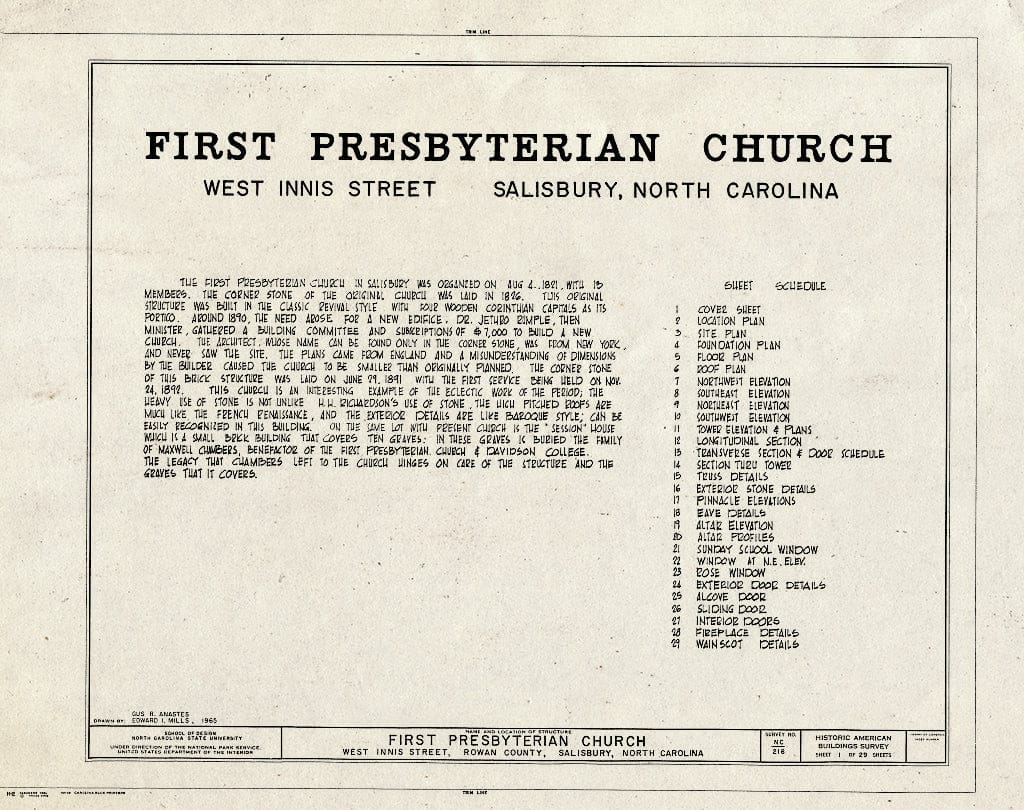 Historic Pictoric : Blueprint HABS NC,80-SALB,5- (Sheet 1 of 29) - First Presbyterian Church, West Innis & Jackson Streets, Salisbury, Rowan County, NC
