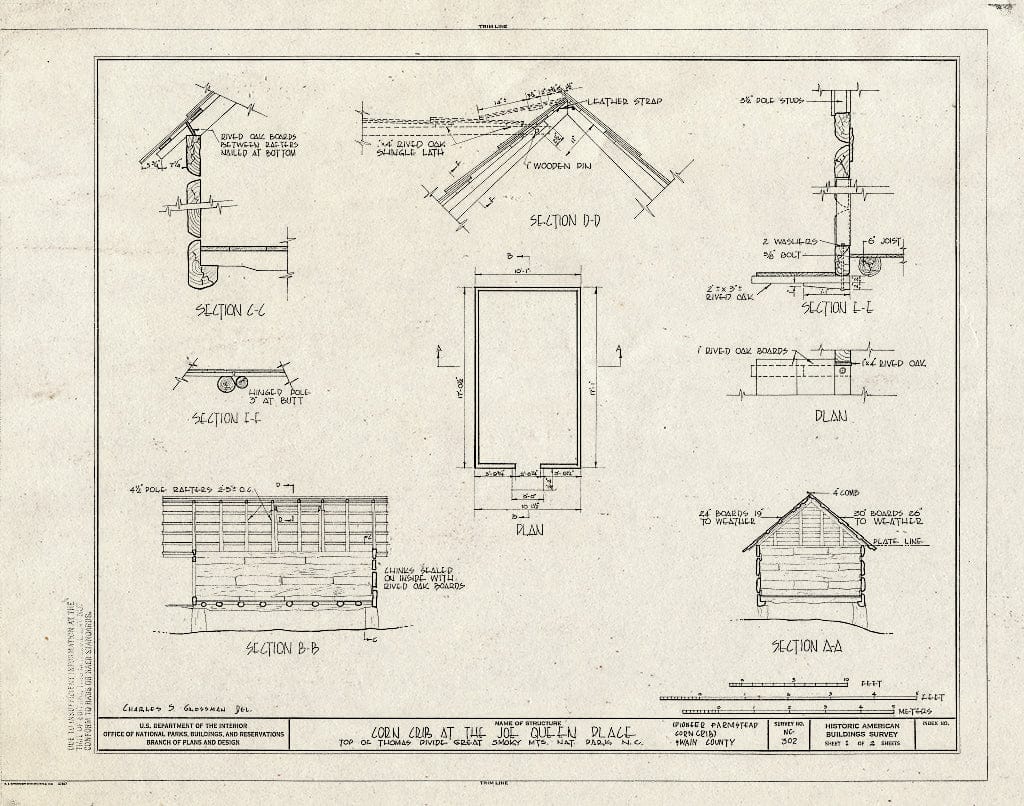 Historic Pictoric : Blueprint HABS NC,87-NEWGA.V,1B- (Sheet 1 of 2) - Pioneer Farmstead, Corn Crib, U.S. Route 441 (Moved from Deep Creek), Cherokee, Swain County, NC