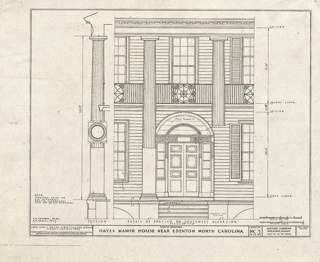 Historic Pictoric : Blueprint HABS NC,21-EDET.V,1- (Sheet 10 of 17) - Hayes Manor, East Water Street Vicinity, Edenton, Chowan County, NC