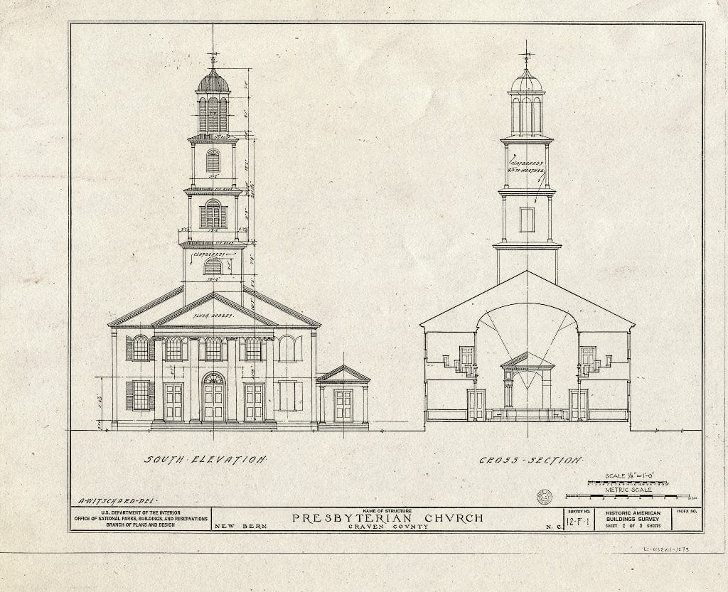 Historic Pictoric : Blueprint HABS NC,25-NEBER,1- (Sheet 2 of 5) - First Presbyterian Church, New & Middle Streets, New Bern, Craven County, NC
