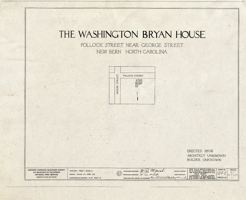 Historic Pictoric : Blueprint HABS NC,25-NEBER,6- (Sheet 0 of 8) - Washington Bryan House & Office, 603 & 605 Pollock Street, New Bern, Craven County, NC