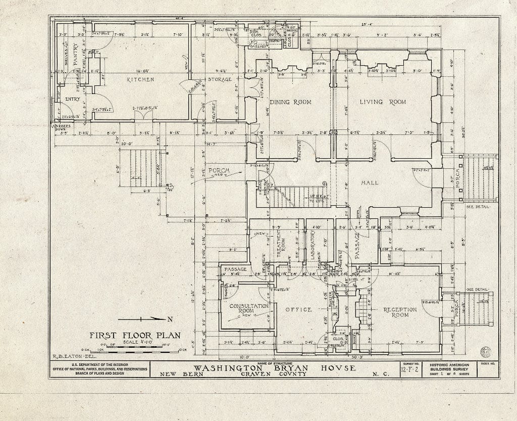 Historic Pictoric : Blueprint HABS NC,25-NEBER,6- (Sheet 2 of 8) - Washington Bryan House & Office, 603 & 605 Pollock Street, New Bern, Craven County, NC