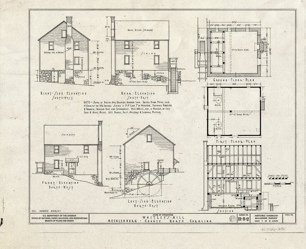 Historic Pictoric : Blueprint HABS NC,60-Char.V,2- (Sheet 1 of 2) - Whitley's Mill, State Route 2074, Charlotte, Mecklenburg County, NC