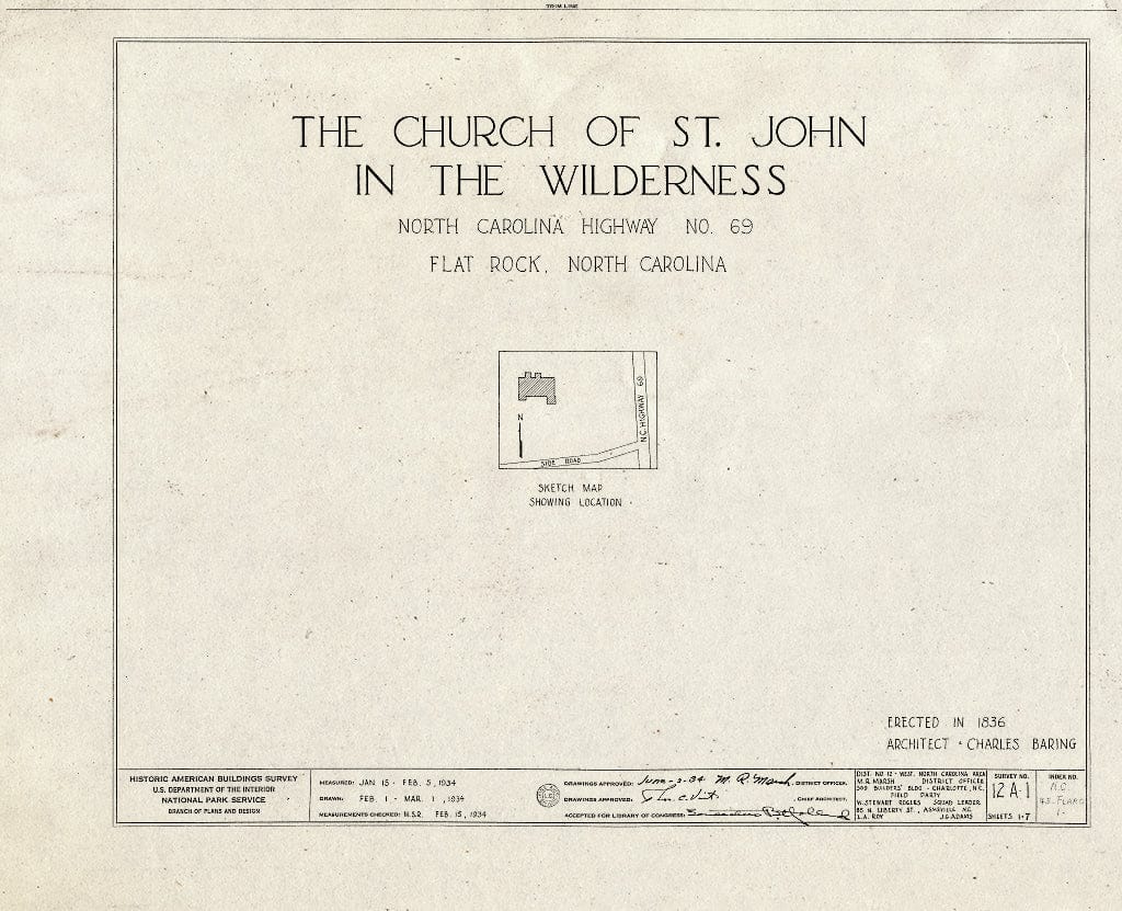 Historic Pictoric : Blueprint HABS NC,45-FLARO,1- (Sheet 0 of 7) - Church of St. John-in-The-Wilderness, U.S. Route 25, Flat Rock, Henderson County, NC