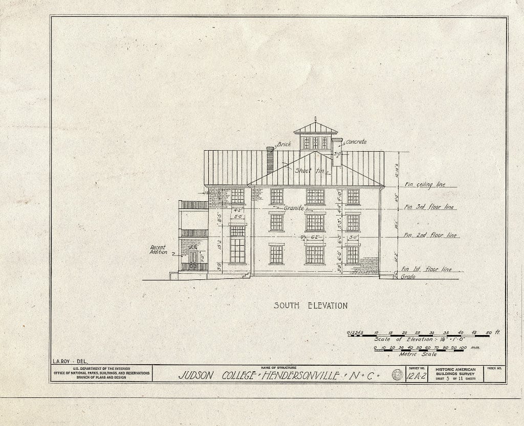 Historic Pictoric : Blueprint HABS NC,45-HENVI,1- (Sheet 5 of 11) - Judson College, Third Avenue & West Flemming Street, Hendersonville, Henderson County, NC