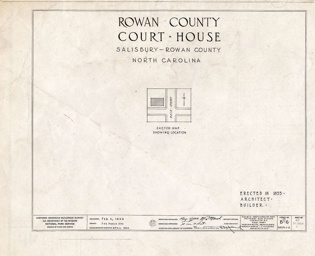 Historic Pictoric : Blueprint HABS NC,80-SALB,1- (Sheet 0 of 3) - Rowan County Courthouse, 200 North Main Street, Salisbury, Rowan County, NC