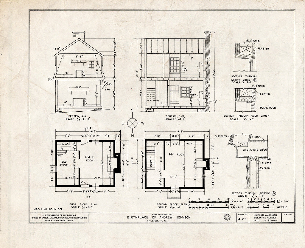 Historic Pictoric : Blueprint HABS NC,92-RAL,1- (Sheet 1 of 2) - Andrew Johnson Birthplace, Mordecai Place (Moved from 123 Fayetteville Street), Raleigh, Wake County, NC