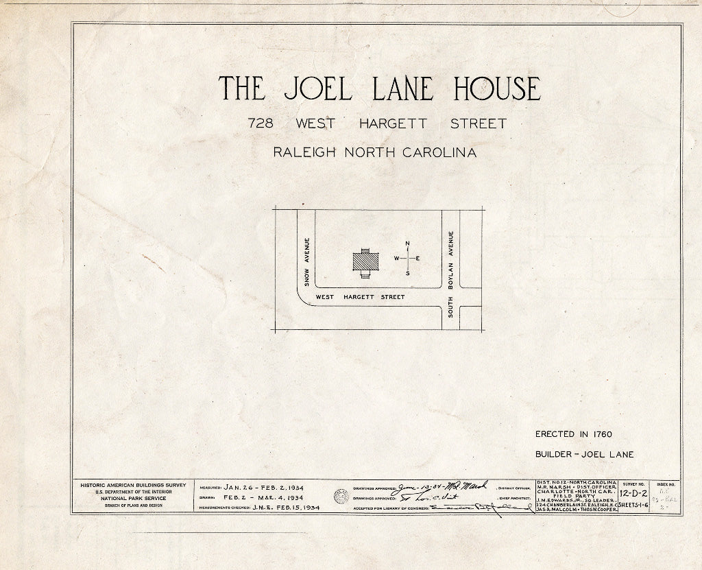 Historic Pictoric : Blueprint HABS NC,92-RAL,2- (Sheet 0 of 6) - Joel Lane House, 728 Hargatt Street, Raleigh, Wake County, NC