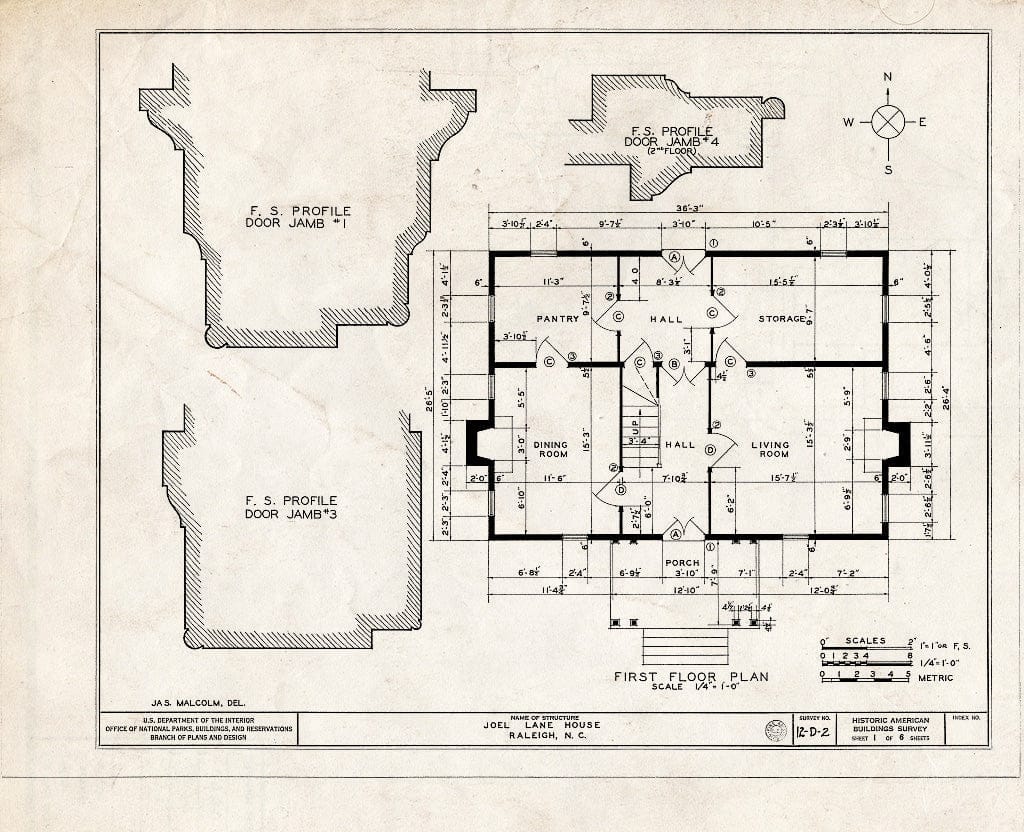 Historic Pictoric : Blueprint HABS NC,92-RAL,2- (Sheet 1 of 6) - Joel Lane House, 728 Hargatt Street, Raleigh, Wake County, NC