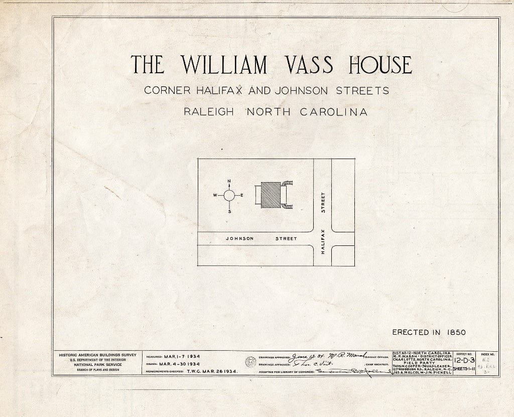 Historic Pictoric : Blueprint HABS NC,92-RAL,3- (Sheet 0 of 11) - William VASS House, 501 North Halifax Street, Raleigh, Wake County, NC