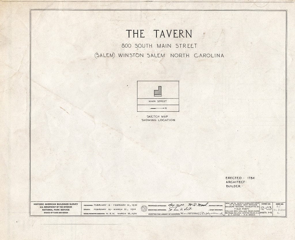 Historic Pictoric : Blueprint HABS NC,34-WINSA,4- (Sheet 0 of 12) - The Tavern, 800 South Main Street, Winston-Salem, Forsyth County, NC
