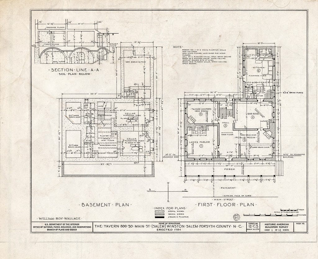 Historic Pictoric : Blueprint HABS NC,34-WINSA,4- (Sheet 1 of 12) - The Tavern, 800 South Main Street, Winston-Salem, Forsyth County, NC