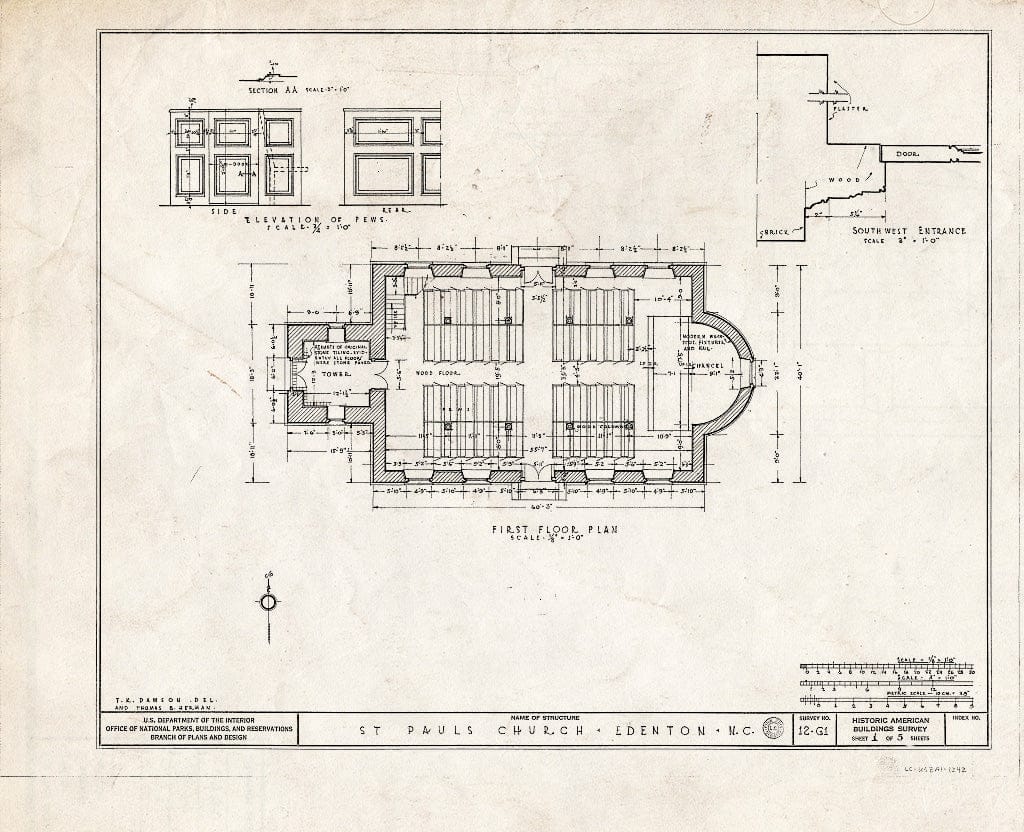 Historic Pictoric : Blueprint HABS NC,21-EDET,1- (Sheet 1 of 5) - St. Paul's Episcopal Church, West Church & North Broad Streets, Edenton, Chowan County, NC