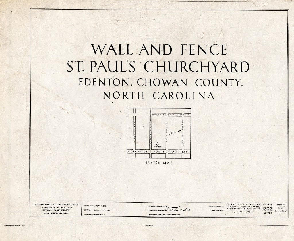 Historic Pictoric : Blueprint HABS NC,21-EDET,1-A- (Sheet 0 of 1) - St. Paul's Episcopal Church, Wall & Fence, West Church & North Broad Streets, Edenton, Chowan County, NC