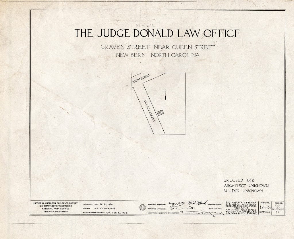 Historic Pictoric : Blueprint HABS NC,25-NEBER,8- (Sheet 0 of 2) - Judge Donald Law Office & House, 163 Craven Street, New Bern, Craven County, NC