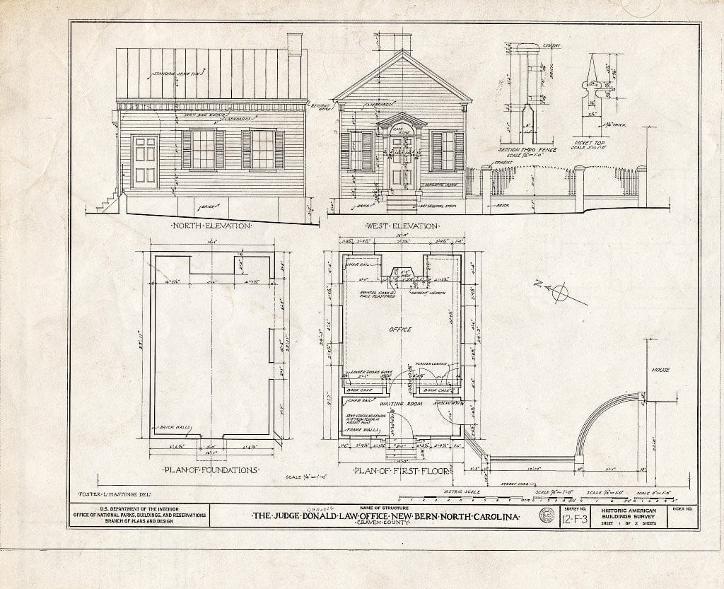 Historic Pictoric : Blueprint HABS NC,25-NEBER,8- (Sheet 1 of 2) - Judge Donald Law Office & House, 163 Craven Street, New Bern, Craven County, NC
