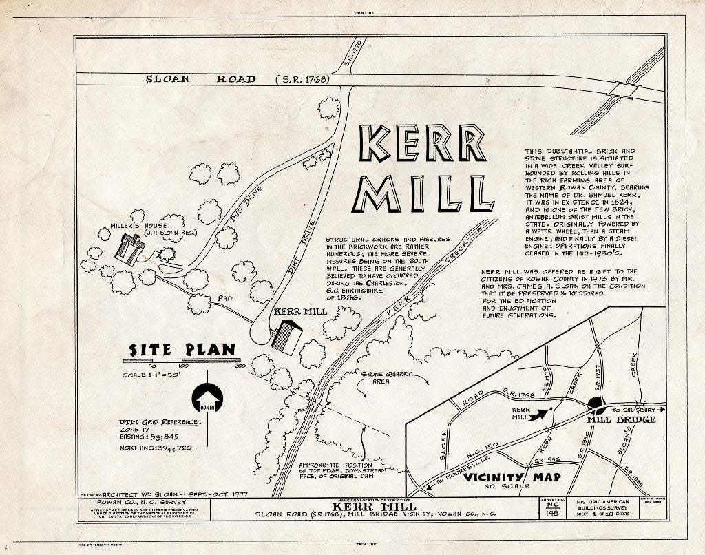 Historic Pictoric : Blueprint HABS NC,80-MiLB.V,1A- (Sheet 1 of 10) - Kerr Mill, Sloan Road (State Route 1768), Mill Bridge, Rowan County, NC