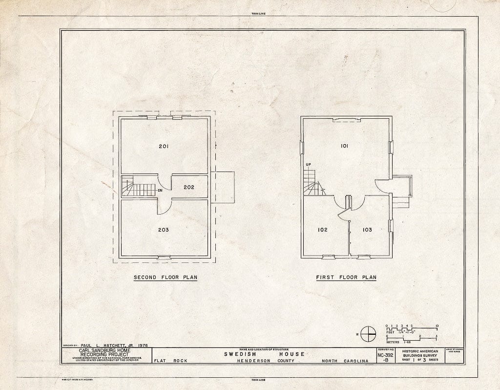 Historic Pictoric : Blueprint HABS NC,45-FLARO,3B- (Sheet 1 of 3) - Carl Sandburg Home, Swedish House, Flat Rock, Henderson County, NC