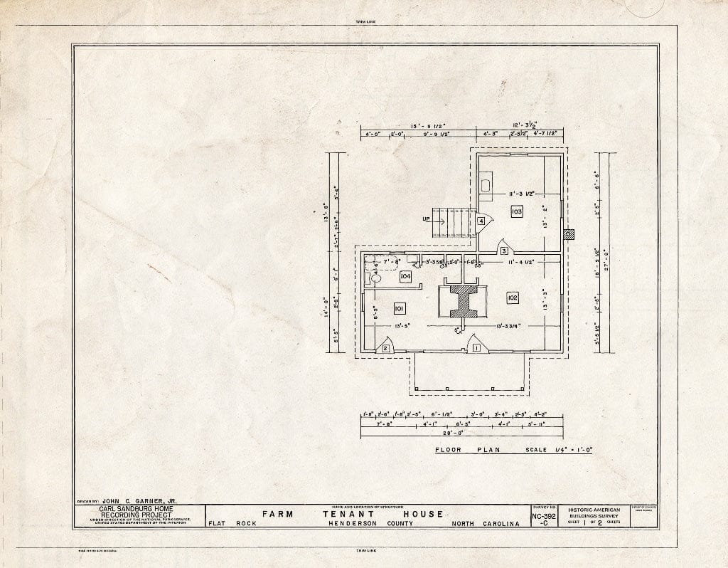 Historic Pictoric : Blueprint HABS NC,45-FLARO,3C- (Sheet 1 of 2) - Carl Sandburg Home, Tenant House, Flat Rock, Henderson County, NC