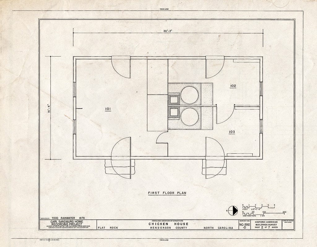 Historic Pictoric : Blueprint HABS NC,45-FLARO,3D- (Sheet 2 of 7) - Carl Sandburg Home, Chicken House, Flat Rock, Henderson County, NC