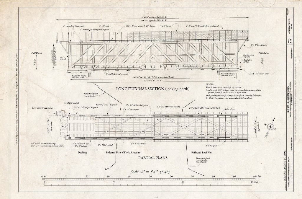 Historic Pictoric : Blueprint Longitudinal Section; Partial Plans - Bunker Hill Bridge, Spanning Lyle Creek, bypassed Section of Island Ford Road, Claremont, Catawba County, NC