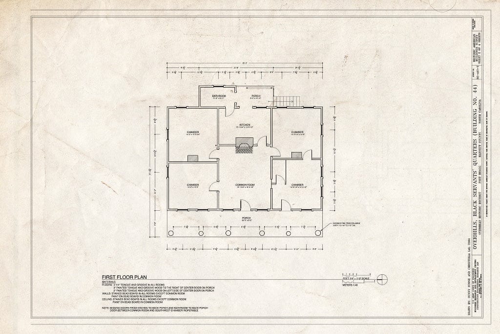 Historic Pictoric : Blueprint First Floor Plan - Overhills, Black Servant's Quarters, West of Thurman Road & East of Overhills Golf Course, Overhills, Harnett County, NC