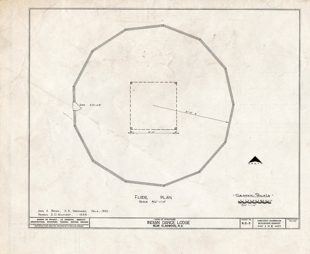 Historic Pictoric : Blueprint HABS ND,28-ELBO,2- (Sheet 1 of 2) - Indian Dance Lodge, White Shield, McLean County, ND