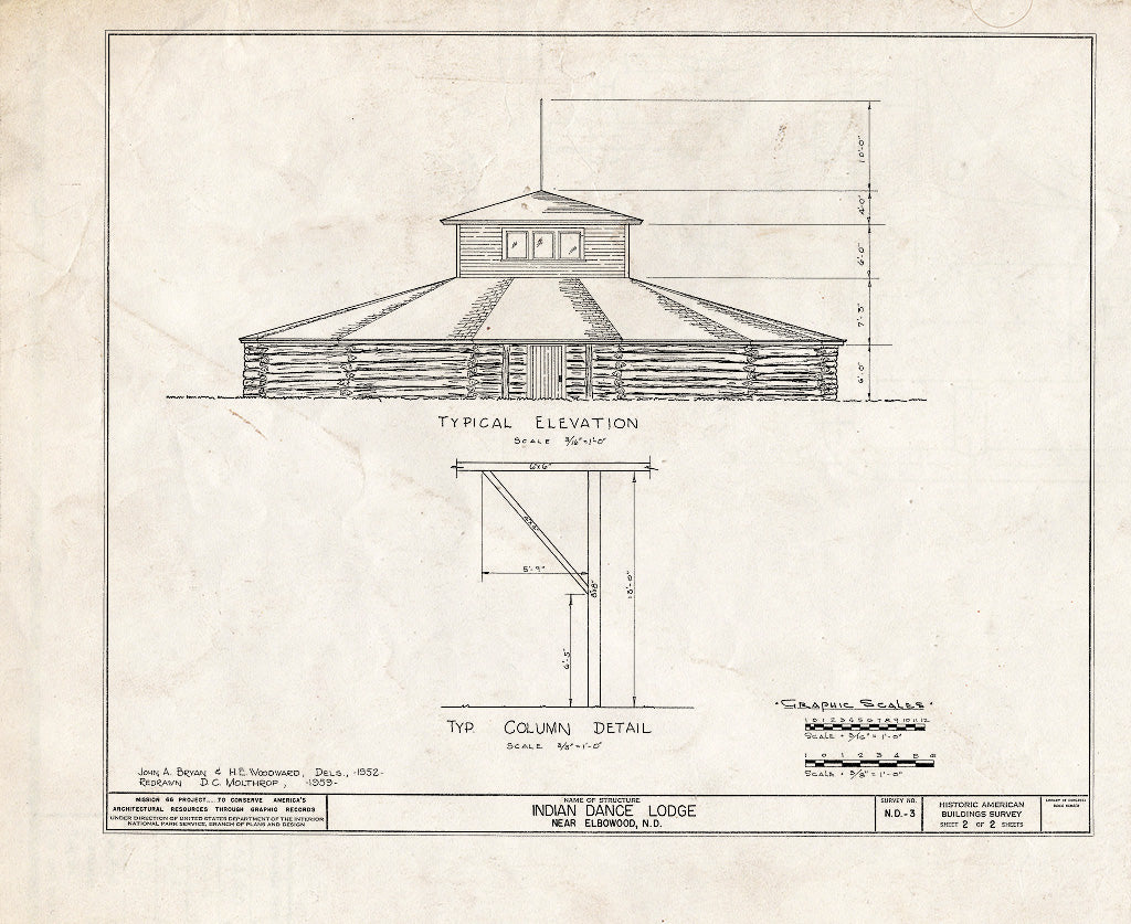 Historic Pictoric : Blueprint HABS ND,28-ELBO,2- (Sheet 2 of 2) - Indian Dance Lodge, White Shield, McLean County, ND