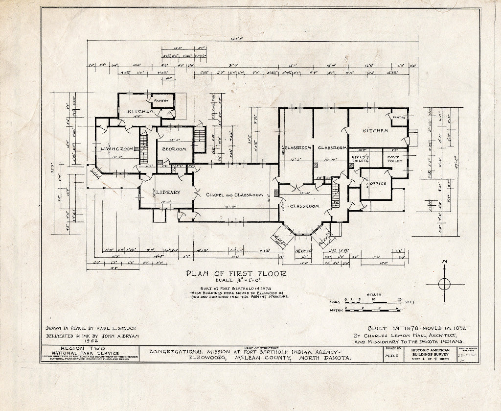 Historic Pictoric : Blueprint HABS ND,28-ELBO,1- (Sheet 1 of 4) - Congregational Mission, Fort Berthold Indian Reservation, White Shield, McLean County, ND
