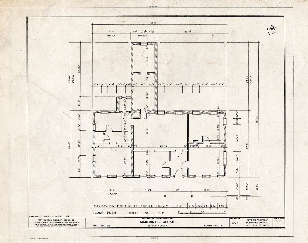 Historic Pictoric : Blueprint HABS ND,3-FOTO,1P- (Sheet 1 of 2) - Fort Totten, Adjutant's Office, 12 Miles Southwest of Devils Lake City Off Route 57, Devils Lake, Ramsey County, ND