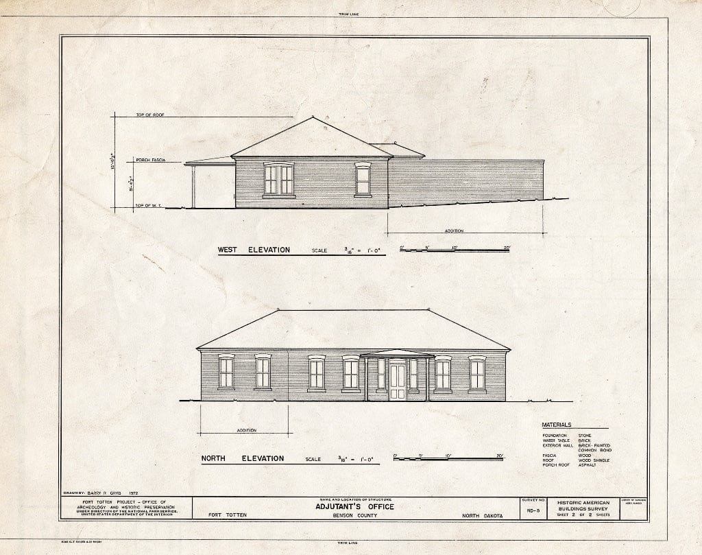 Historic Pictoric : Blueprint HABS ND,3-FOTO,1P- (Sheet 2 of 2) - Fort Totten, Adjutant's Office, 12 Miles Southwest of Devils Lake City Off Route 57, Devils Lake, Ramsey County, ND