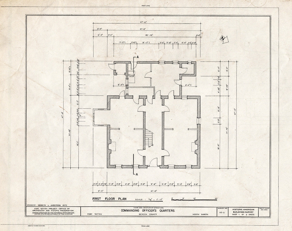 Historic Pictoric : Blueprint HABS ND,3-FOTO,1C- (Sheet 1 of 5) - Fort Totten, Commanding Officers' Quarters, 12 Miles Southwest of Devils Lake City Off Route 57, Devils Lake, Ramsey County, ND