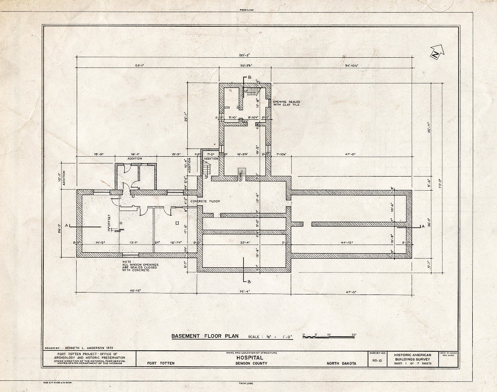 Historic Pictoric : Blueprint HABS ND,3-FOTO,1G- (Sheet 1 of 7) - Fort Totten, Hospital, 12 Miles Southwest of Devils Lake City Off Route 57, Devils Lake, Ramsey County, ND