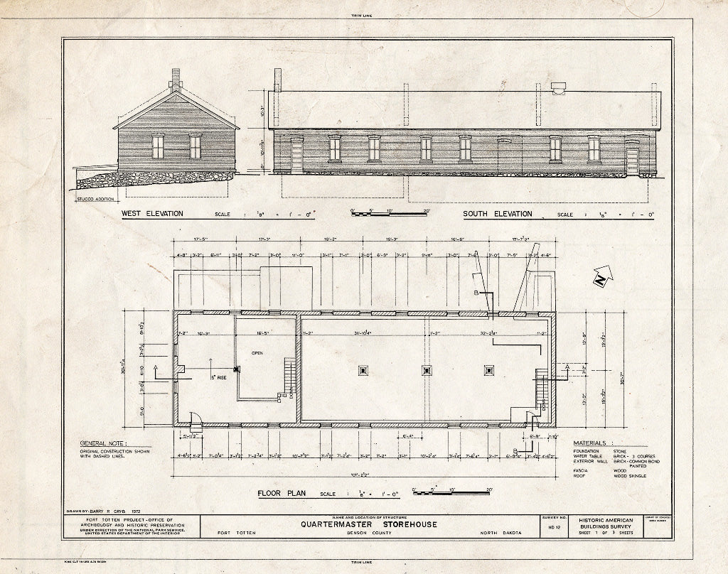 Historic Pictoric : Blueprint HABS ND,3-FOTO,1I- (Sheet 1 of 3) - Fort Totten, Quartermaster's Storehouse, 12 Miles Southwest of Devils Lake City Off Route 57, Devils Lake, Ramsey County, ND