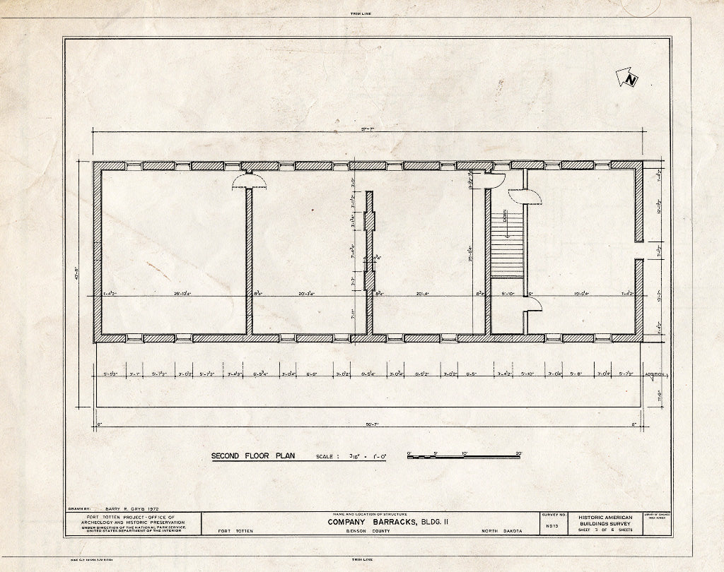 Historic Pictoric : Blueprint HABS ND,3-FOTO,1J- (sheet 3 of 6) - Fort Totten, Company Barracks, Building No. 11, 12 miles southwest of Devils Lake City off Route 57, Devils Lake, Ramsey County, ND