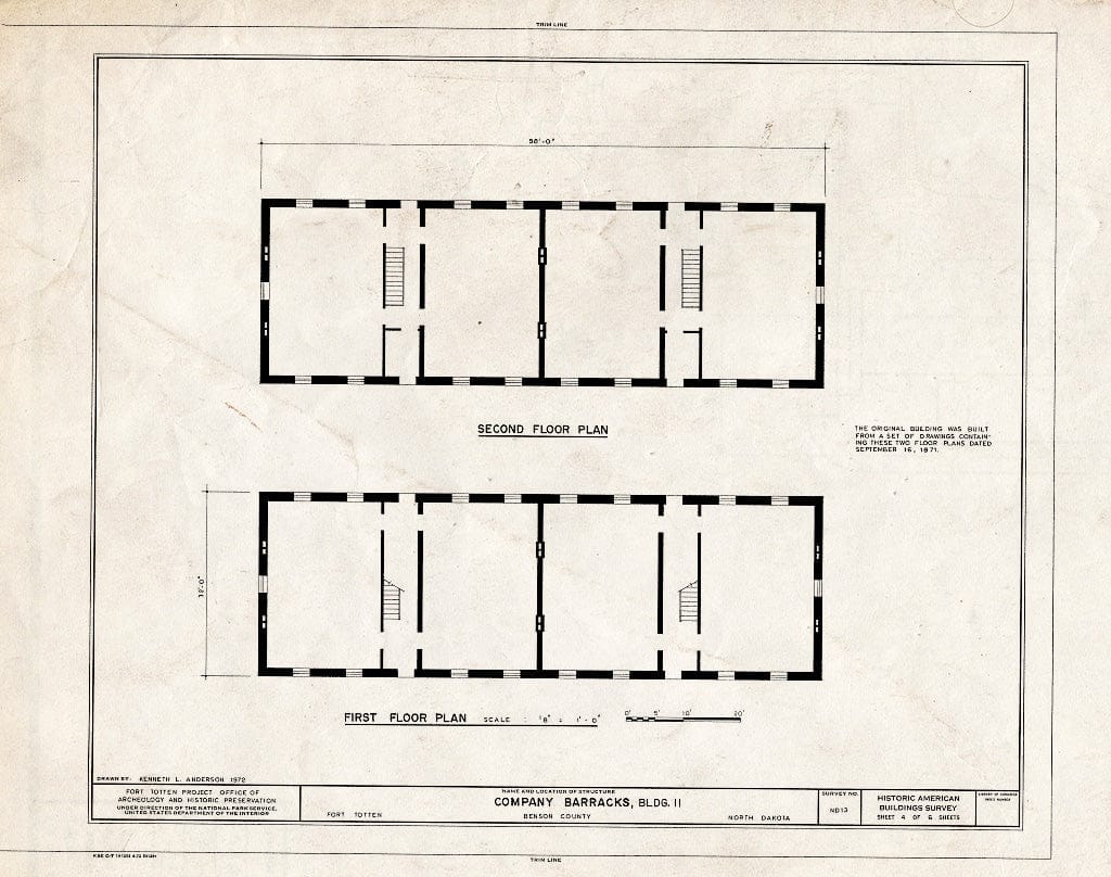 Historic Pictoric : Blueprint HABS ND,3-FOTO,1J- (sheet 4 of 6) - Fort Totten, Company Barracks, Building No. 11, 12 miles southwest of Devils Lake City off Route 57, Devils Lake, Ramsey County, ND