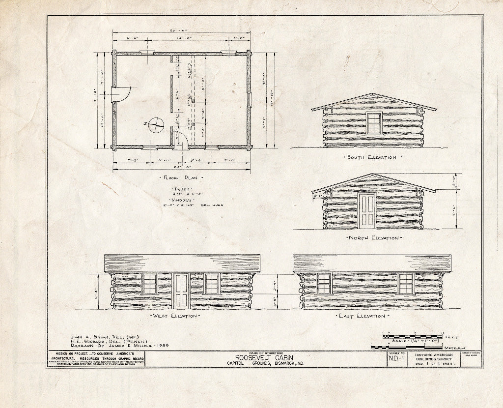 Historic Pictoric : Blueprint HABS ND,8-BISMA,1- (sheet 1 of 1) - Theodore Roosevelt Maltese Cross-Ranch Cabin, Roosevelt State Park (moved from ND, Medora Vicinity), Bismarck, Burleigh County, ND