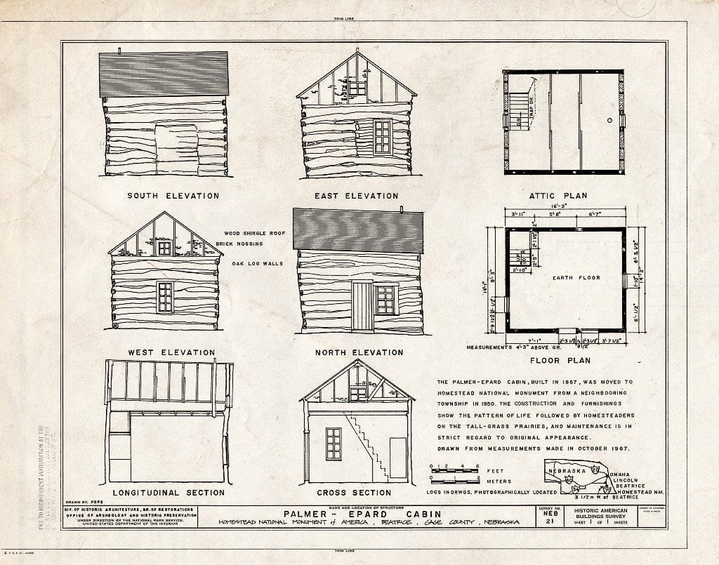 Historic Pictoric : Blueprint HABS NEB,34-Beat.V,1B- (Sheet 1 of 1) - Palmer-Epard Cabin, Beatrice, Gage County, NE