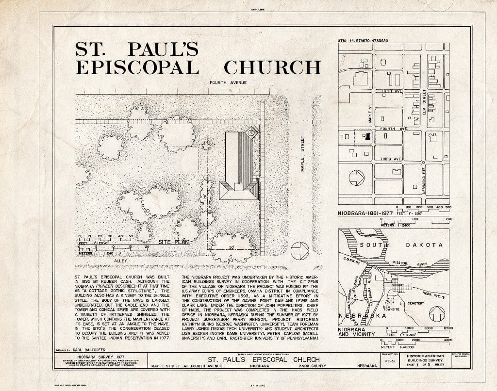 Historic Pictoric : Blueprint HABS NEB,54-NIOB,9- (Sheet 1 of 3) - St. Paul's Episcopal Church, Fourth & Maple Streets (Moved to Santee Indian Reservation, NE), Niobrara, Knox County, NE
