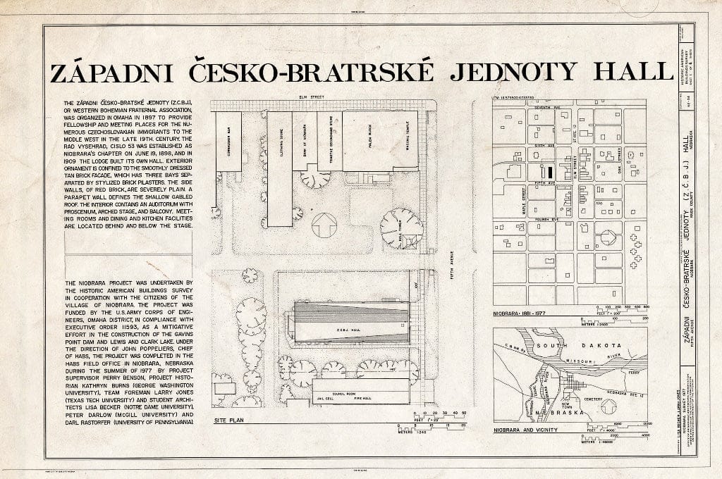 Historic Pictoric : Blueprint HABS NEB,54-NIOB,12- (Sheet 1 of 6) - Zapadni Cesko-Bratreske Jednoty Hall Number 53, Fifth Avenue, Niobrara, Knox County, NE