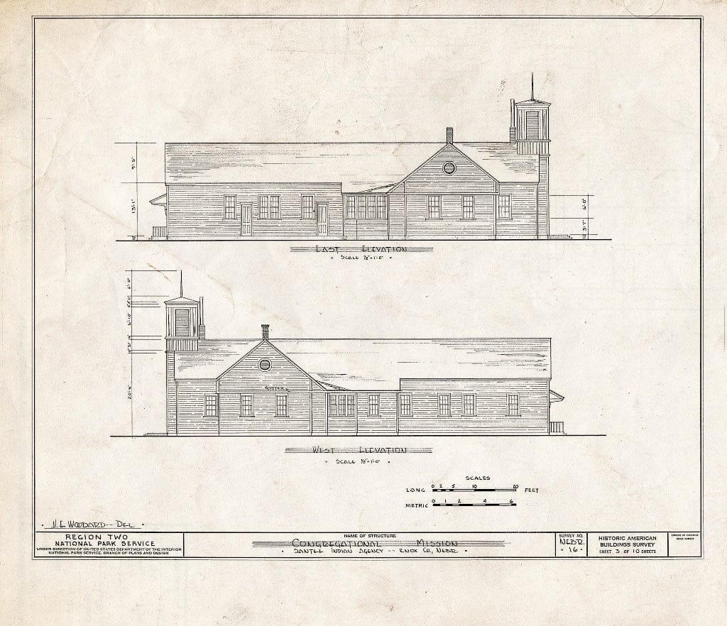 Historic Pictoric : Blueprint HABS NEB,54-SANT.V,2- (Sheet 3 of 10) - Chapel & Manse Congregational Mission, Santee, Knox County, NE