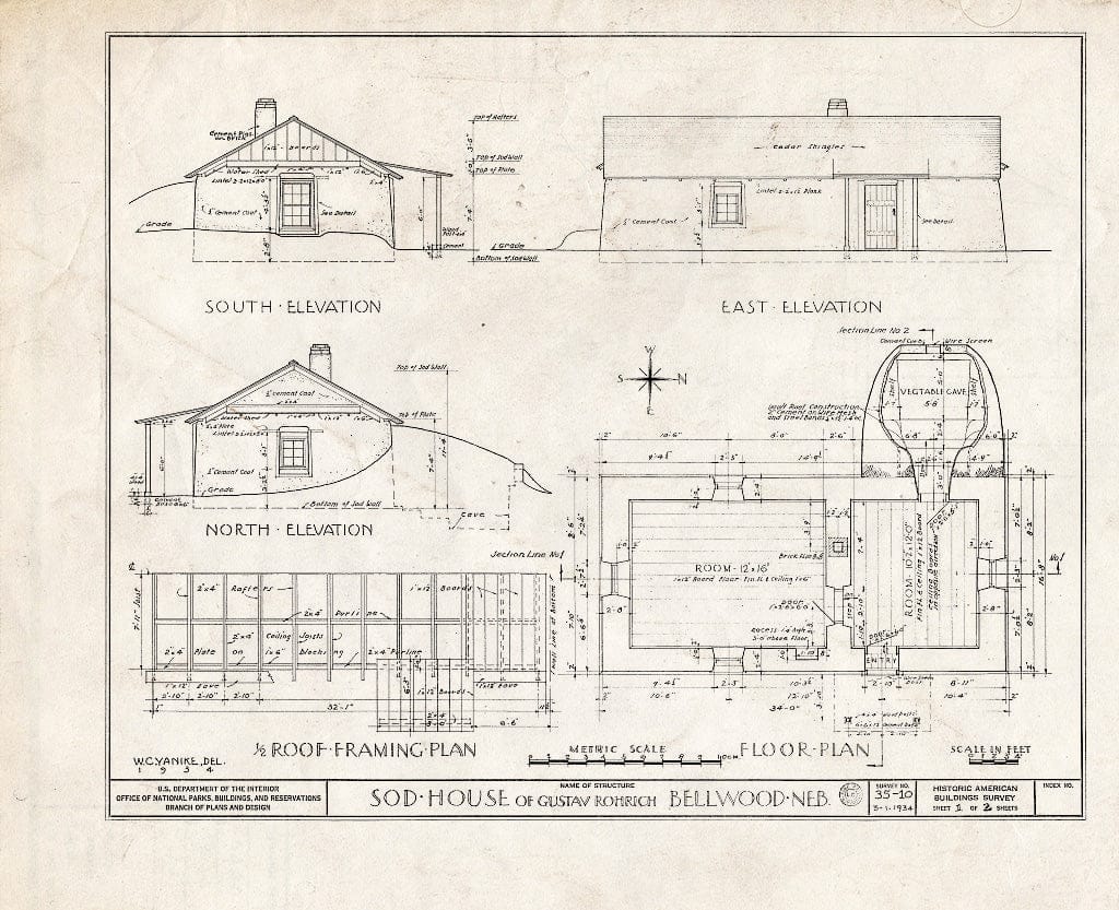 Historic Pictoric : Blueprint HABS NEB,12-BELWO.V,1- (Sheet 1 of 2) - Gustav Rohrich Sod House, Bellwood, Butler County, NE