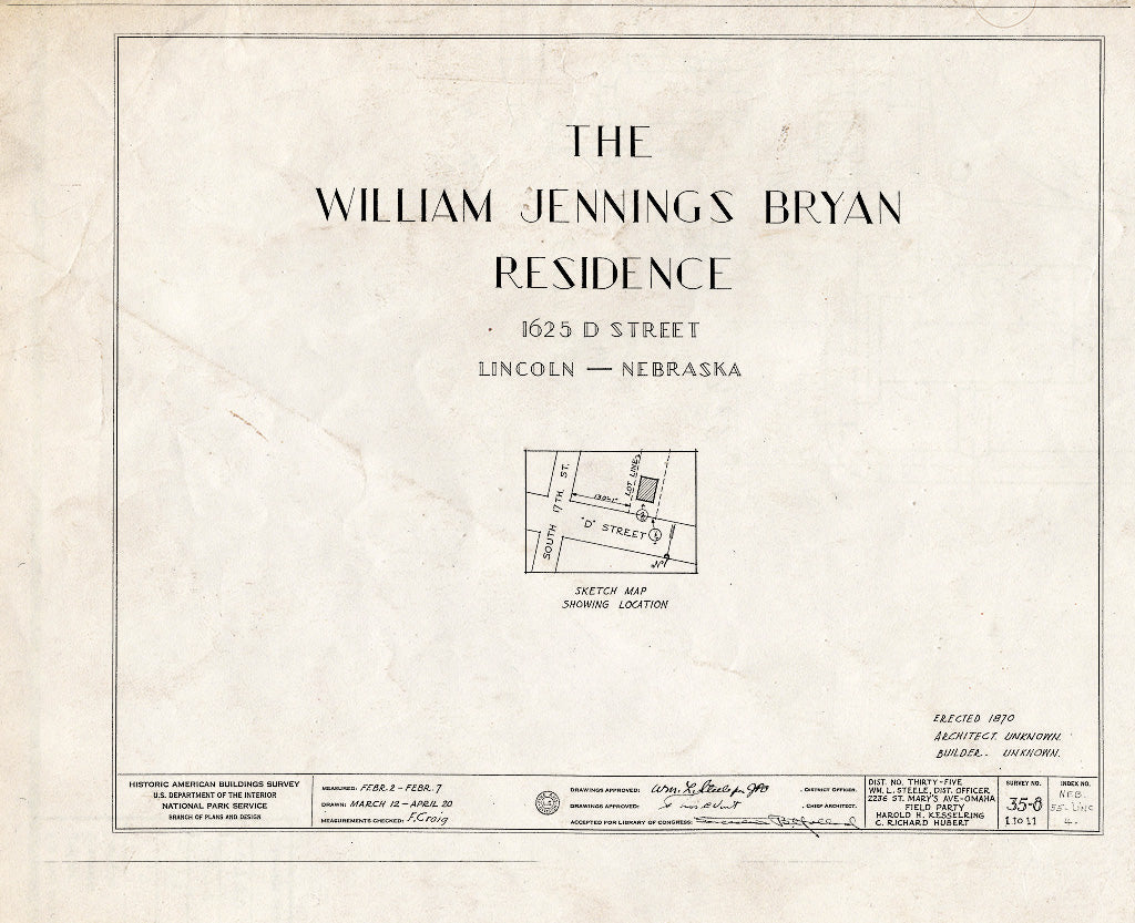 Historic Pictoric : Blueprint HABS NEB,55-LINC,4- (Sheet 0 of 11) - William Jennings Bryan House, 1625 D Street, Lincoln, Lancaster County, NE