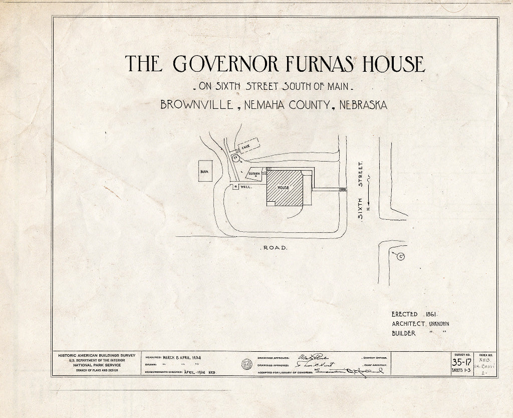 Historic Pictoric : Blueprint HABS NEB,64-BROVI,2- (Sheet 0 of 3) - Governor Robert W. Furnas House, Sixth Street, Brownville, Nemaha County, NE