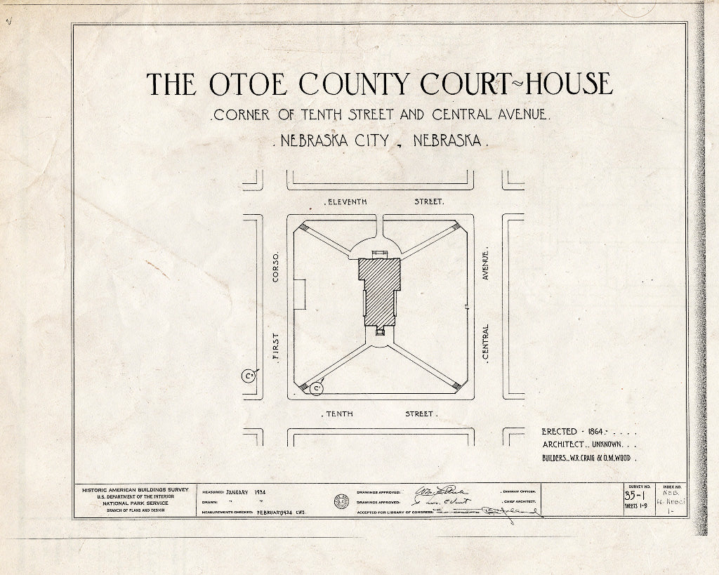 Historic Pictoric : Blueprint HABS NEB,66-NEBCI,1- (Sheet 0 of 9) - Otoe County Courthouse, Tenth Street & Central Avenue, Nebraska City, Otoe County, NE