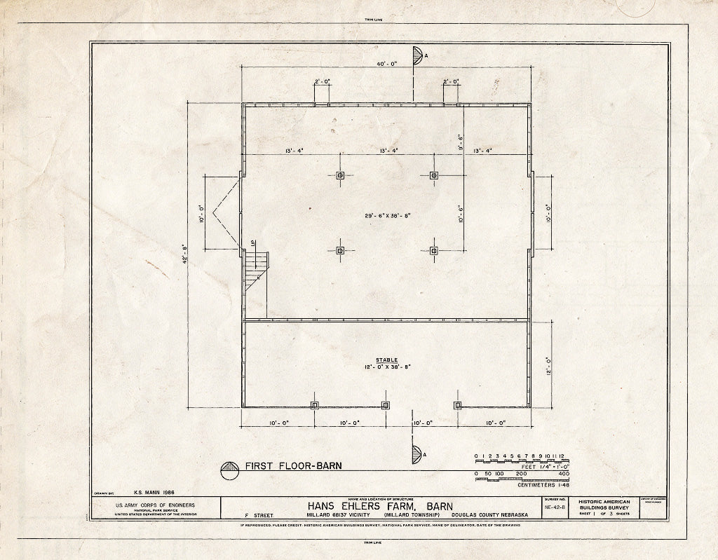 Historic Pictoric : Blueprint HABS NEB,28-Mill.V,1B- (Sheet 1 of 3) - Hans Ehlers Farm, Barn, F Street, Papillon 18 Damsite, Millard, Douglas County, NE